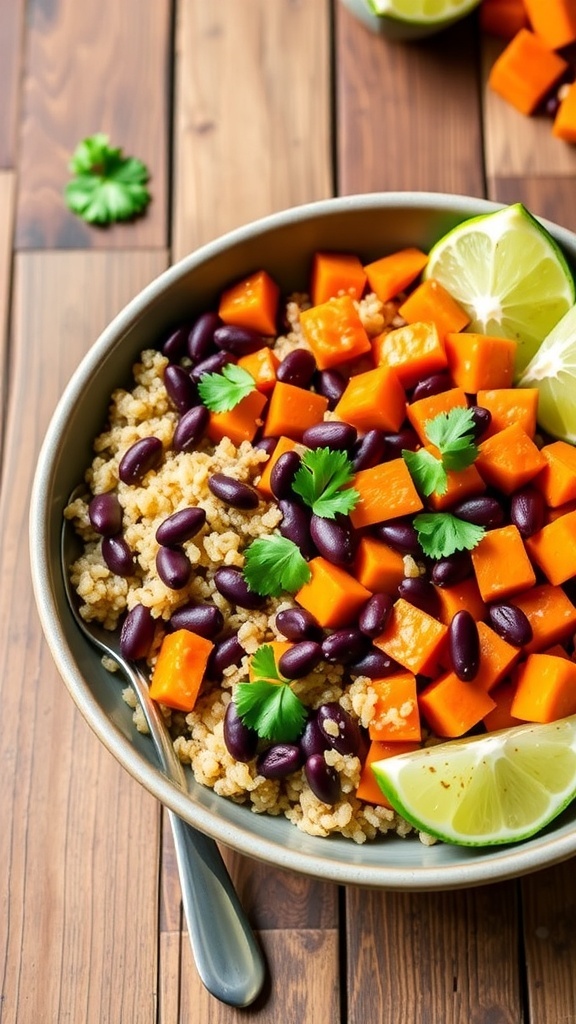 A bowl of sweet potato black bean quinoa garnished with cilantro and lime, on a rustic table.